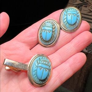 Vintage Egyptian Turquoise Blue Scarab Beetle Gold Tone Cufflinks and Tie Clip